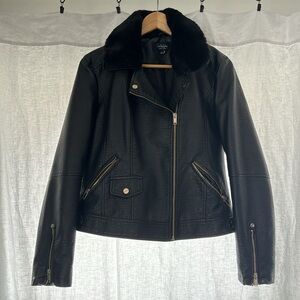 Black Vegan Leather Moto Zip Up Jacket with Removable Faux Fur Collar